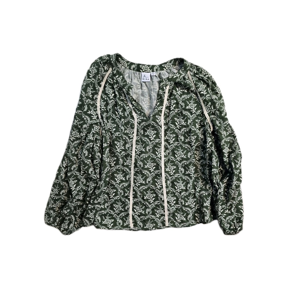 MIRA Women's XXL Dark Sage Green Floral Print Peasant Boho Blouse 100% Cotton